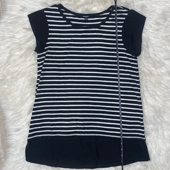 Premise | Striped Sheer Edge Longline Black & White Tee Shirt Blouse - Picture 9 of 11